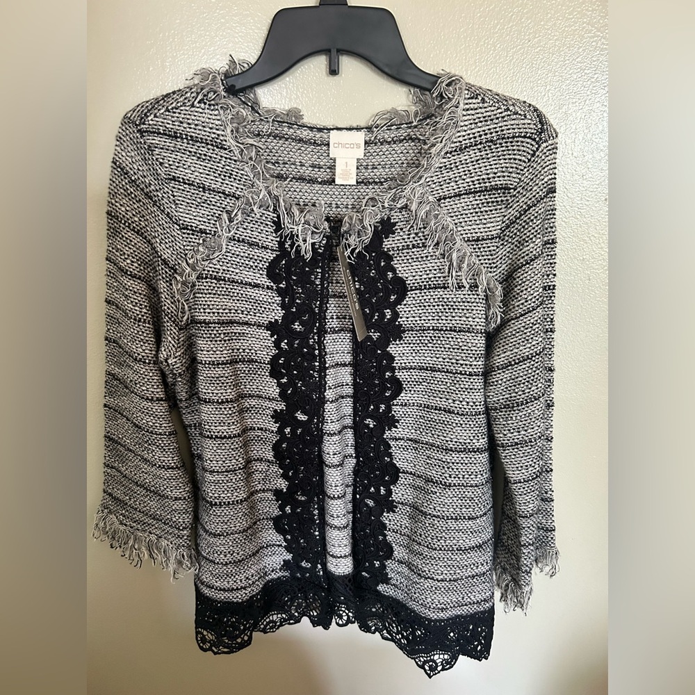 Chico's Lace‎ and Tweed Women's 3/4 Sleeve Cardigan Sweater Size Medium